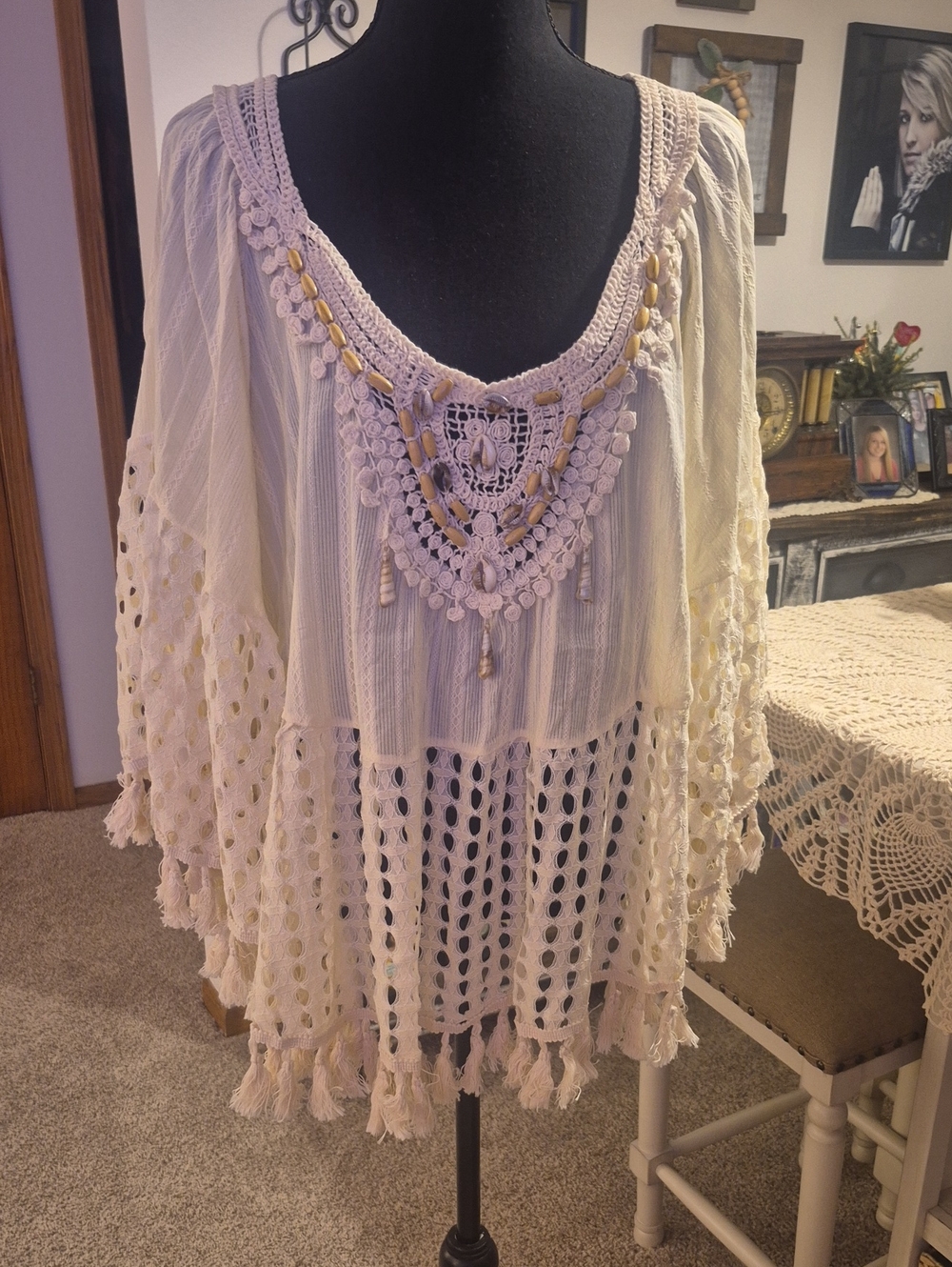 Boho Crochet Tassel Peasant Tunic - Cream